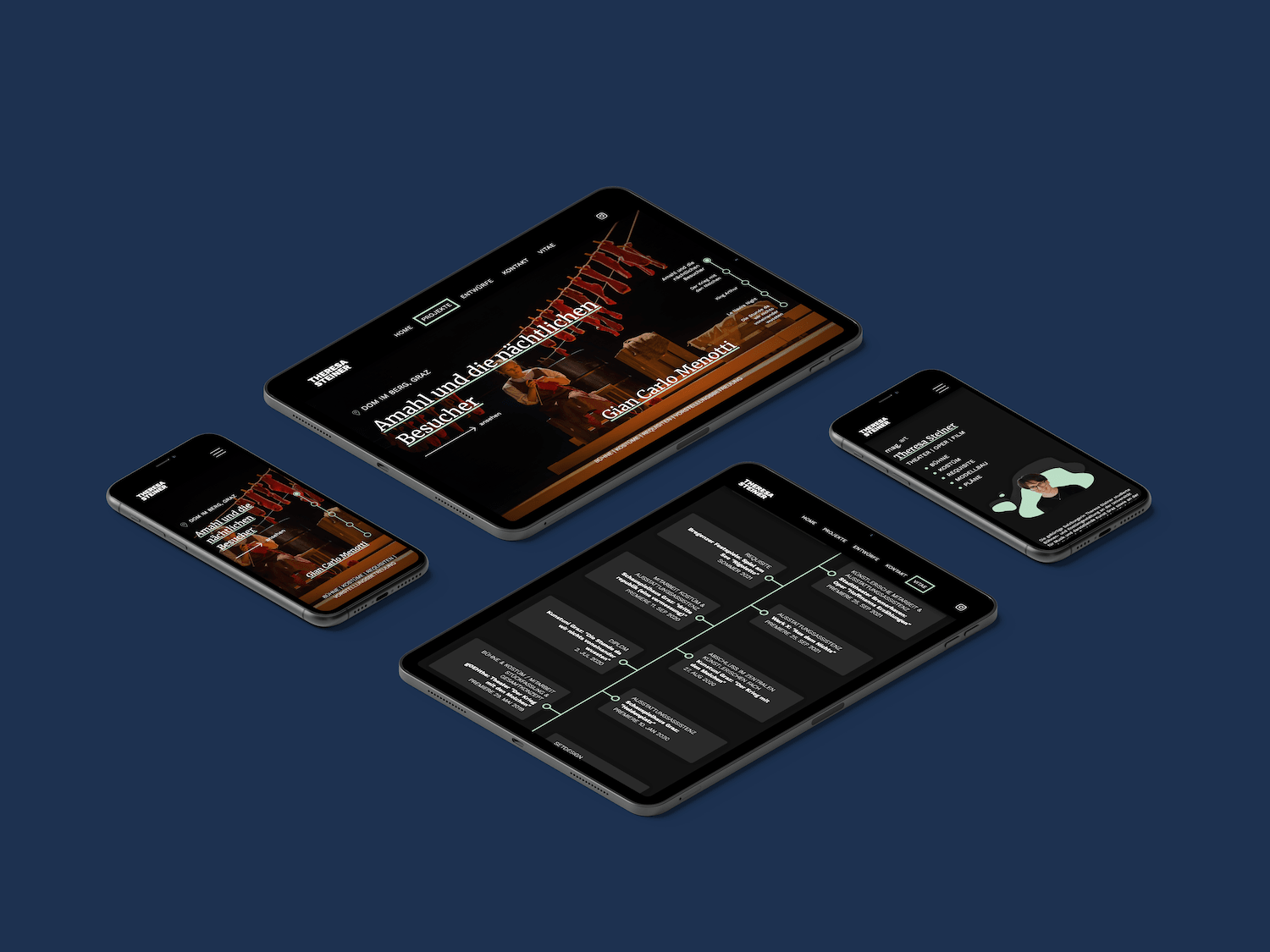 Mockup (Screenshot) der Website theresasteiner.art auf 4 flach auf dem Tisch liegenden Geräten. Pro Reihe sind 2 Geräte - ein iPhone & ein iPad