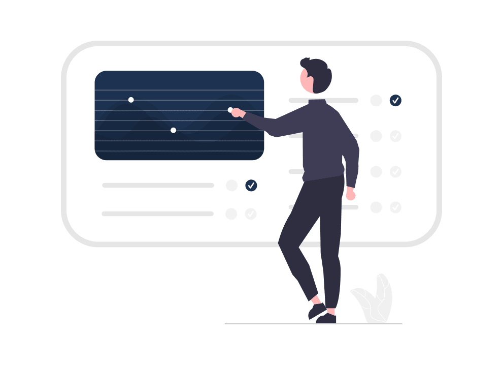 Illustration von einem Mann der vor einem Server Dashboard steht.