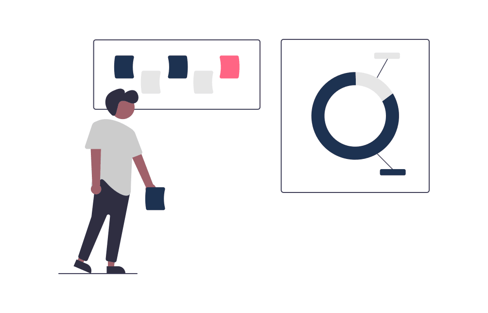 Illustration von Marketing. Ein Mensch steht vor Grafiken.