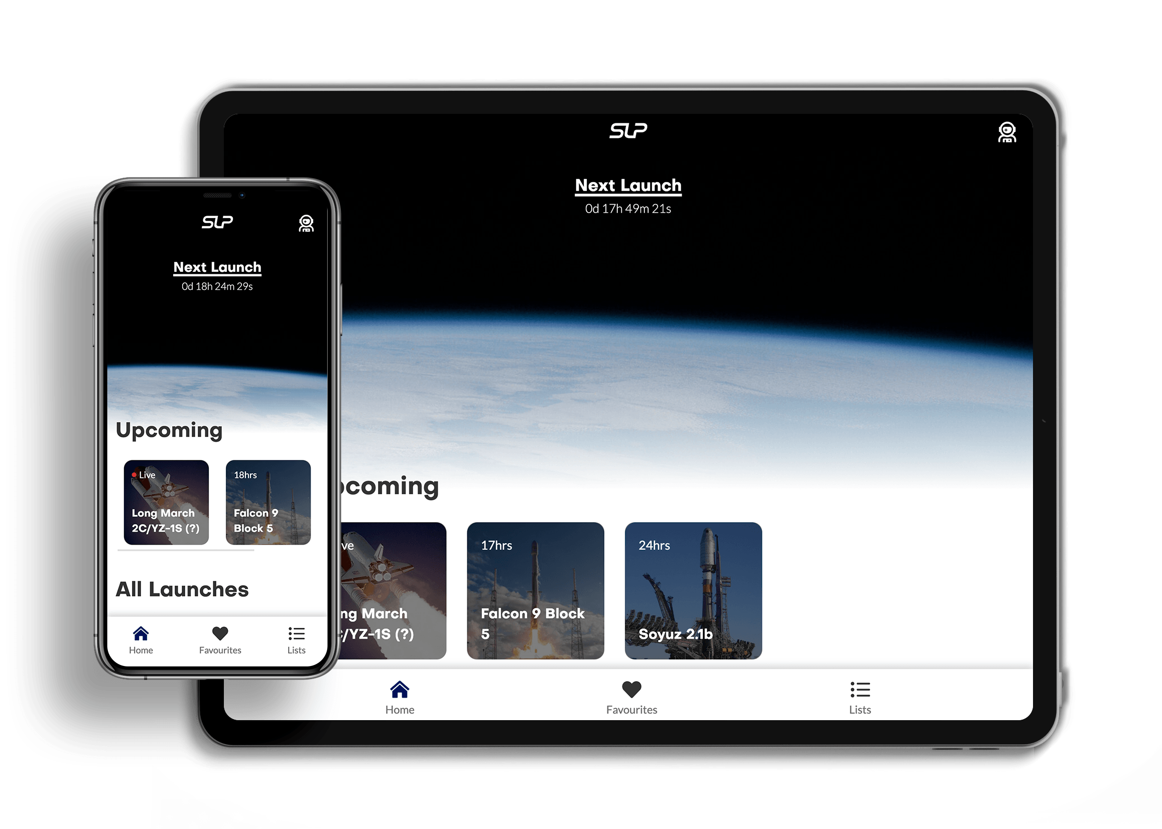 iPhone und iPad mit der Space Launch Plattform geöffnet.